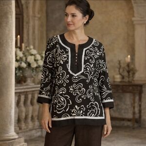 Linen Scroll Pattern Tunic Brown/ White. Old Money Quiet Luxury. Sz 8